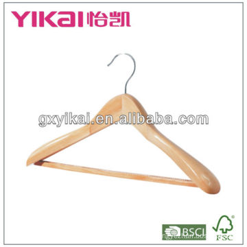 wooden coat hanger with wide shoulders/square bar and rubber teech